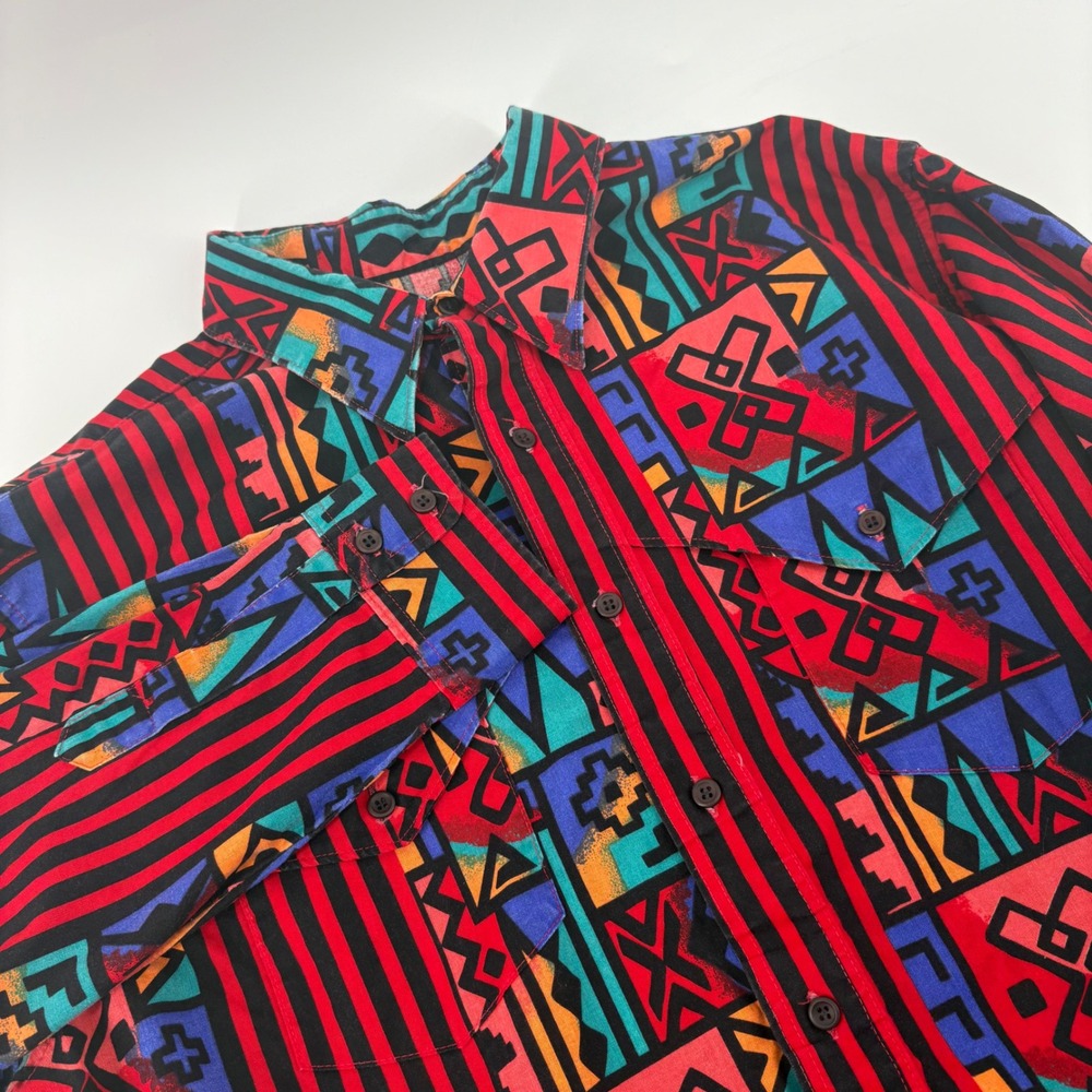 Vtg 80s Wrangler Western‎ Mosaic Mens Cowboy Cut Reg Fit Shirt Sz 17-35 L/Xl Red